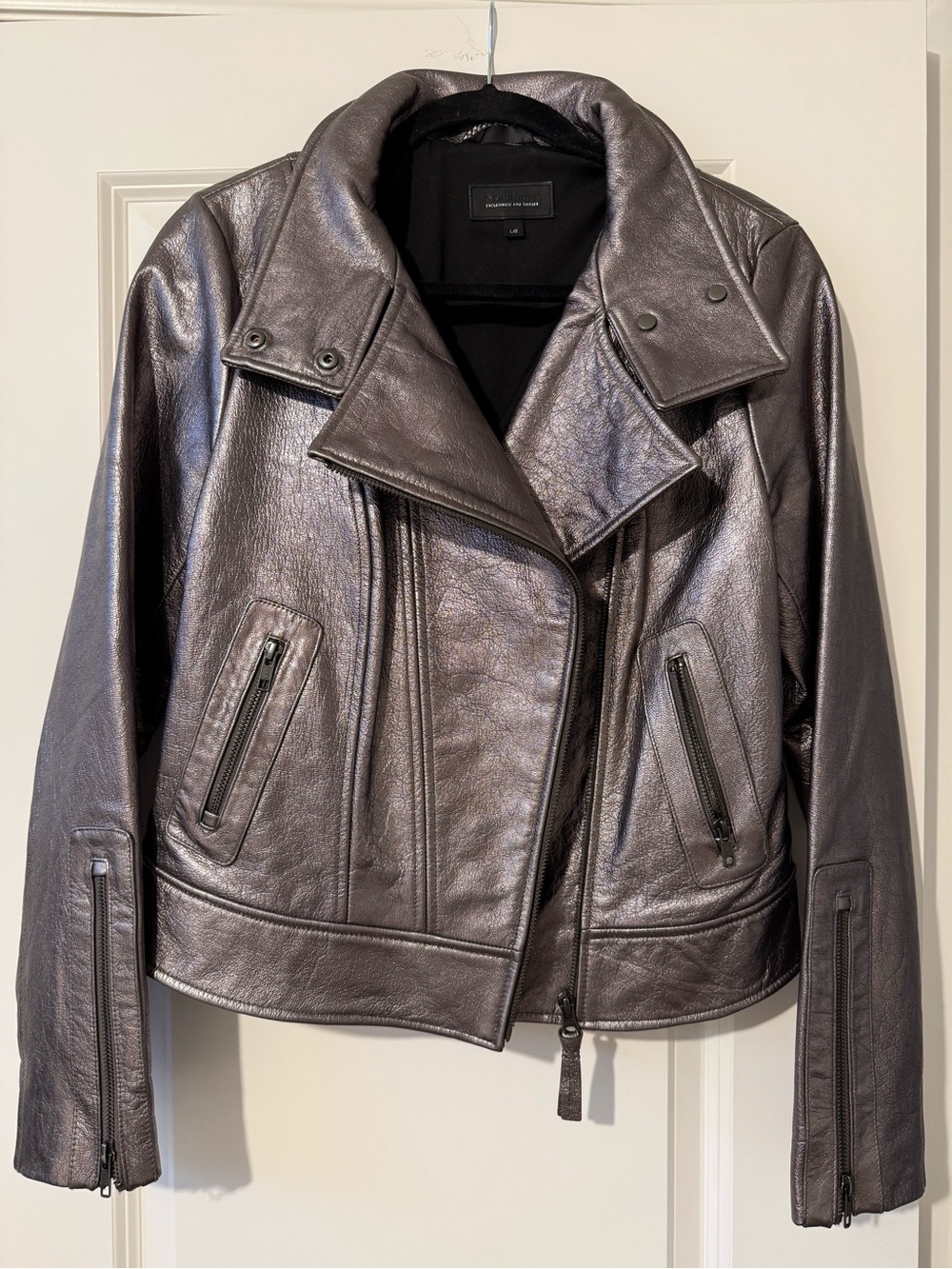 Mackage Metallic Charcoal Leather Moto Jacket